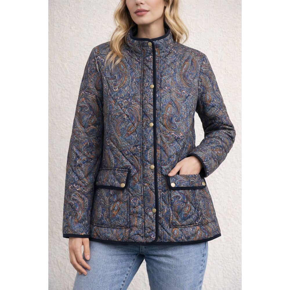 Talbots Quilted Paisley Jacket Women’s XL Blue Brown Zip Snap Puffer